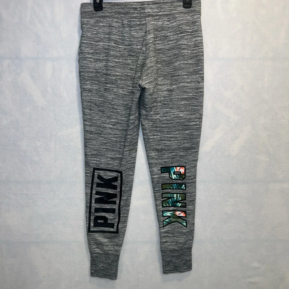 Victoria's Secret Pink Marled Tropical Palm Logo Sweat Pants Gray Small (S)